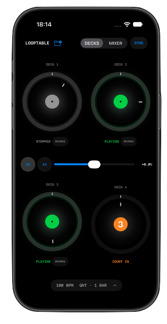LoopTable four-deck performance view with count-in active