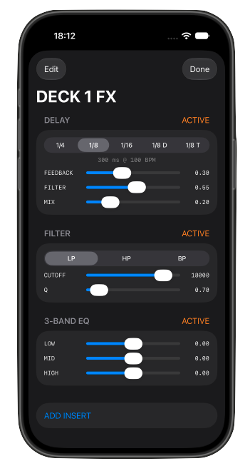LoopTable deck effects interface showing delay, filter and equalizer